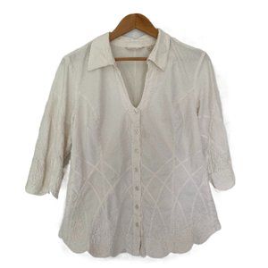Soft Surroundings Embroidered Scalloped Stretch Button Down